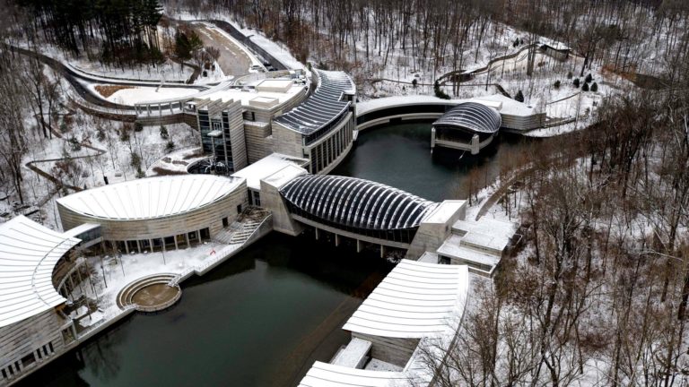 Aerial Video Over Snowy Crystal Bridges Museum